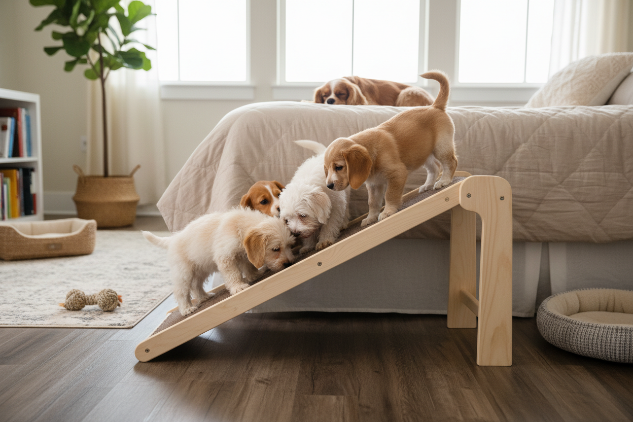 imagen de perritos bajando de una cama en una rampa. La imagen debe tener una resolución para 700x180