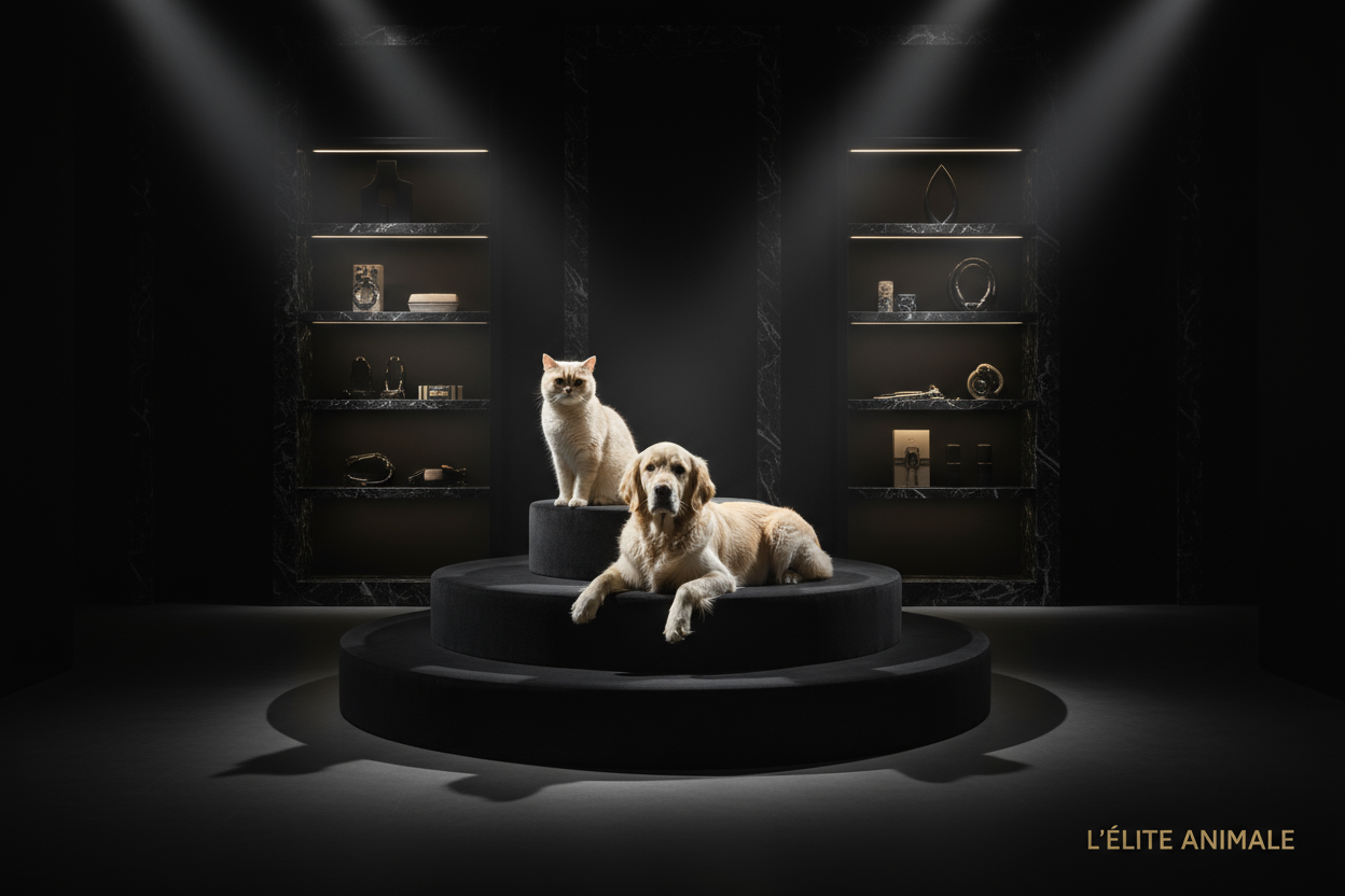 imagen oscura y vanguardista de perro y gato claros para tienda de mascotas de alta exclusividad