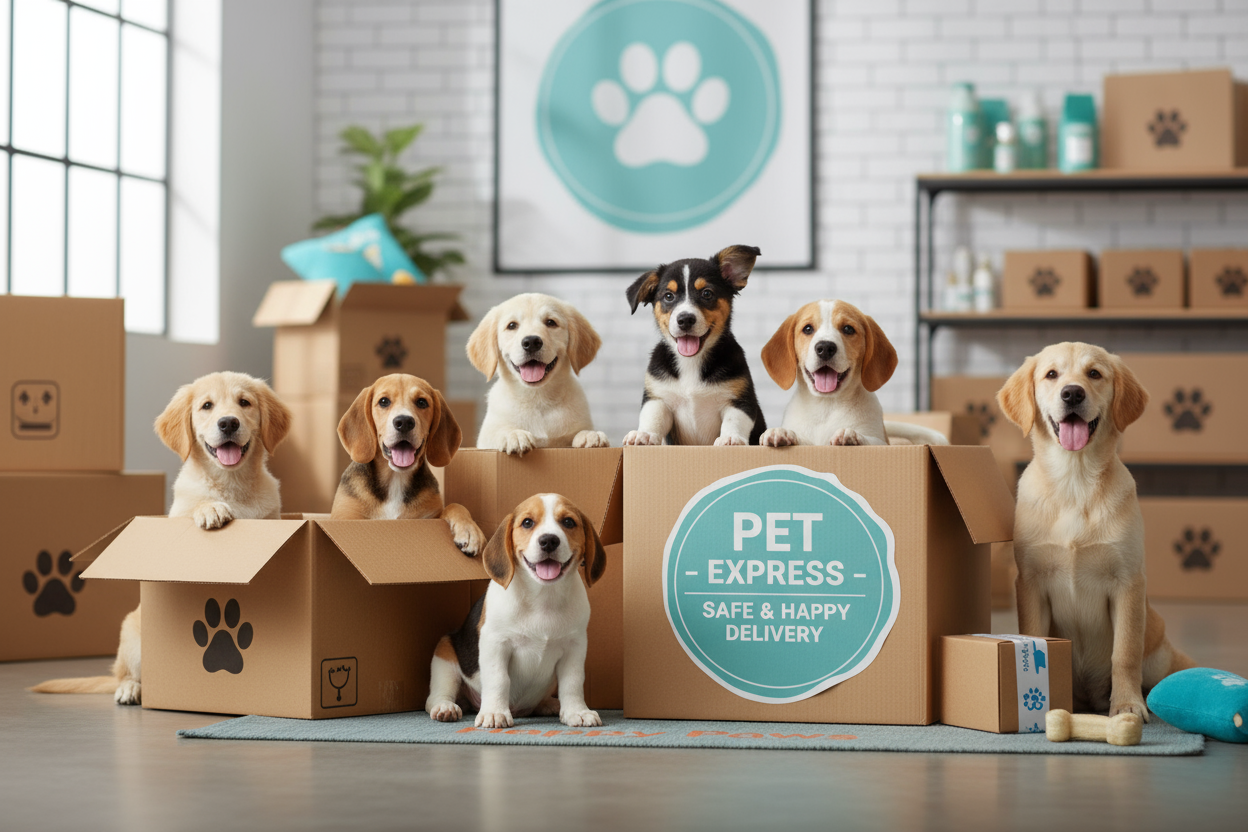 mianpets tienda de mascotas imagen de perritos con cajas. Esto es para mostrar una imagen de envio de productos relacionados con mascotas. 