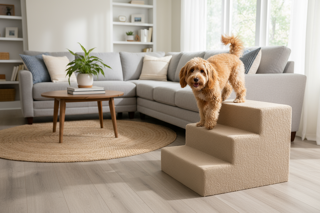 perro usando escalera para mascotas de 3 pasos en una sala de la casa profesional